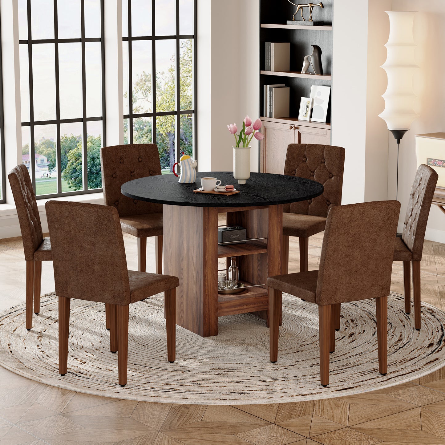 Table And Chair Set. 42 Inch Round MDF Black Dining Table With Double-layer Storage Shelves. Paired With 6 Brown Suede Fabric Chairs Features A Decorative Button-tufted Backrest,walnut Metal Legs.