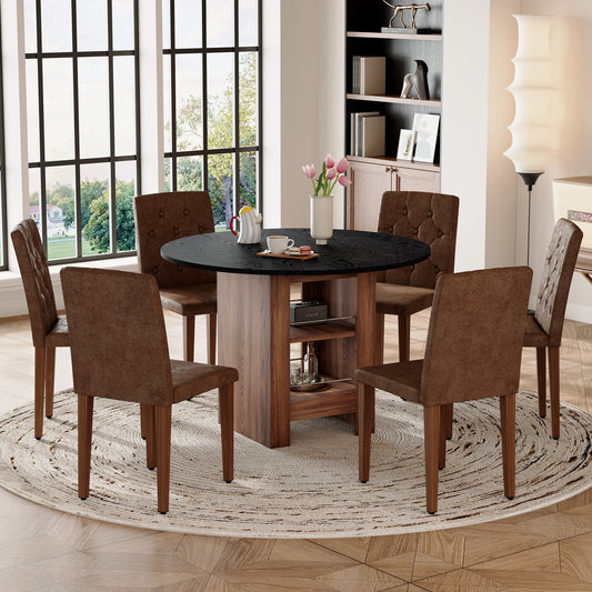 Table And Chair Set. 42 Inch Round MDF Black Dining Table With Double-layer Storage Shelves. Paired With 6 Brown Suede Fabric Chairs Features A Decorative Button-tufted Backrest,walnut Metal Legs.