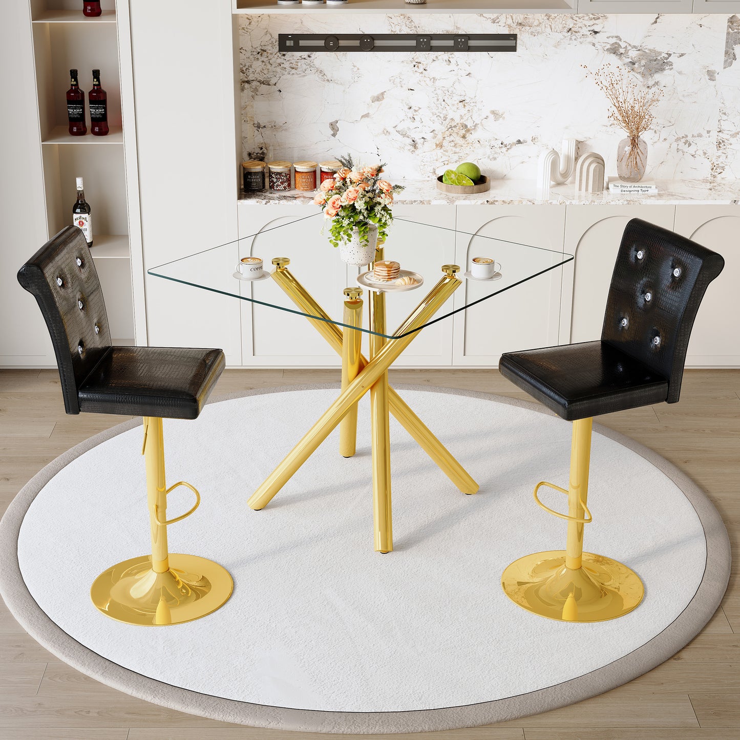 Modern Glass Bar Table And Adjustable Bar Stools Set Of 2, Contemporary Counter Height Pub Table With Gold Chrome Legs, Black PU Leather Swivel Bar Chairs For Kitchen Island, Home Bar, Small Space