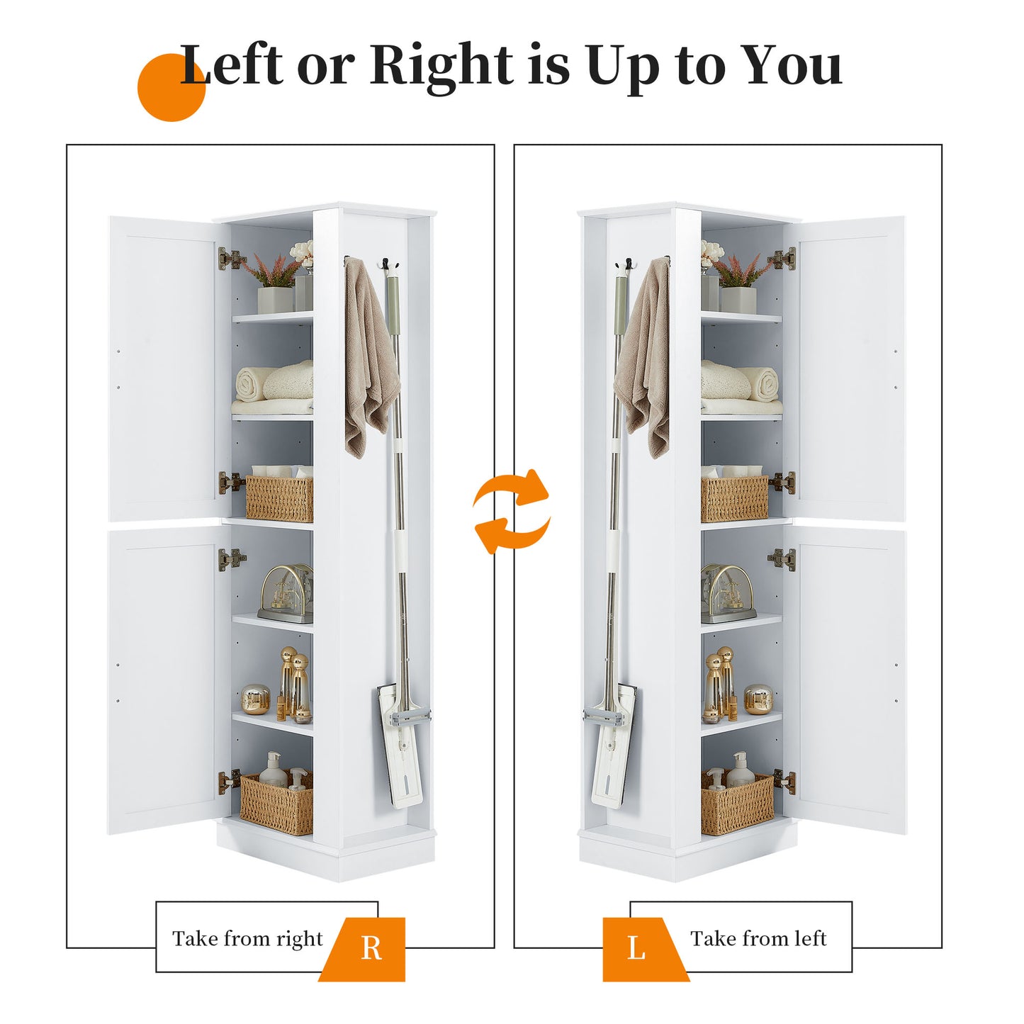 Tall Bathroom Storage Cabinet, Freestanding Storage Cabinet With Hook And Adjustable Shelf, MDF Board, White