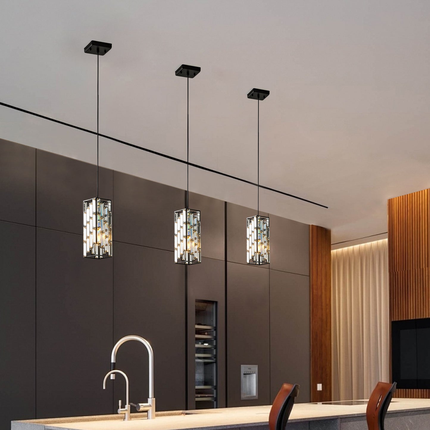 4in Modern Crystal Pendant Light - 3 Pack, Adjustable Hanging Ceiling Lamp With Crystal Prism Design For Dining Room, Kitchen Island, And Living Room -Black Finish