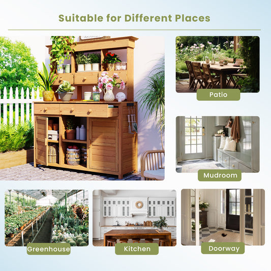 TOPMAx 65.7  H Tall Garden Potting Bench Table With Hutch Patio Storage Workstation With 3 Shelves 6 Drawers 2 Bottom Cabinets&Side Hooks For Mudroom Doorway  Natural