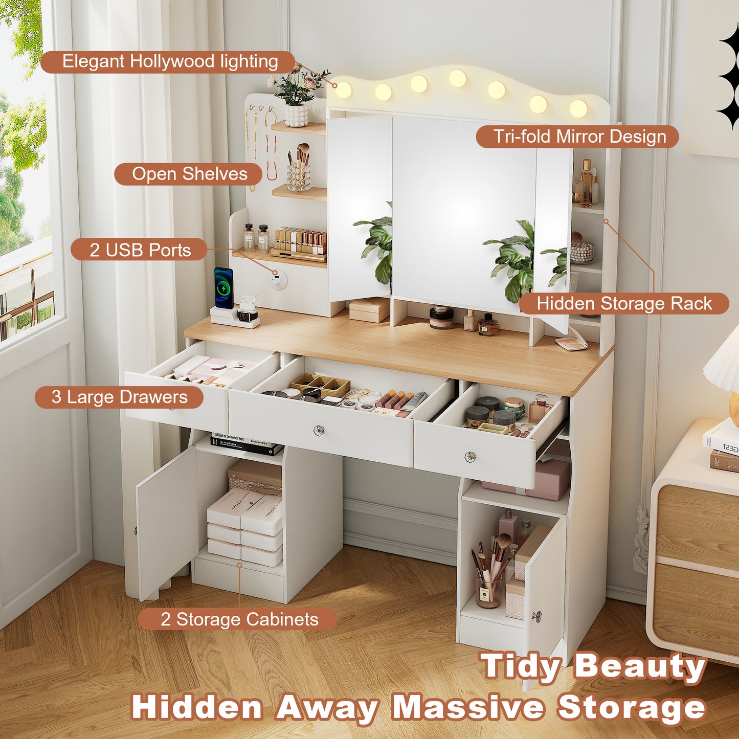 Vanity Desk With Mirror And Lights,Makeup Vanity With  2 USB Power Strip, Vanity Set With Three Drawers And Two Cabinet, 7 Lights With 3 Lights Colors, Foldable Three-sided Mirror White