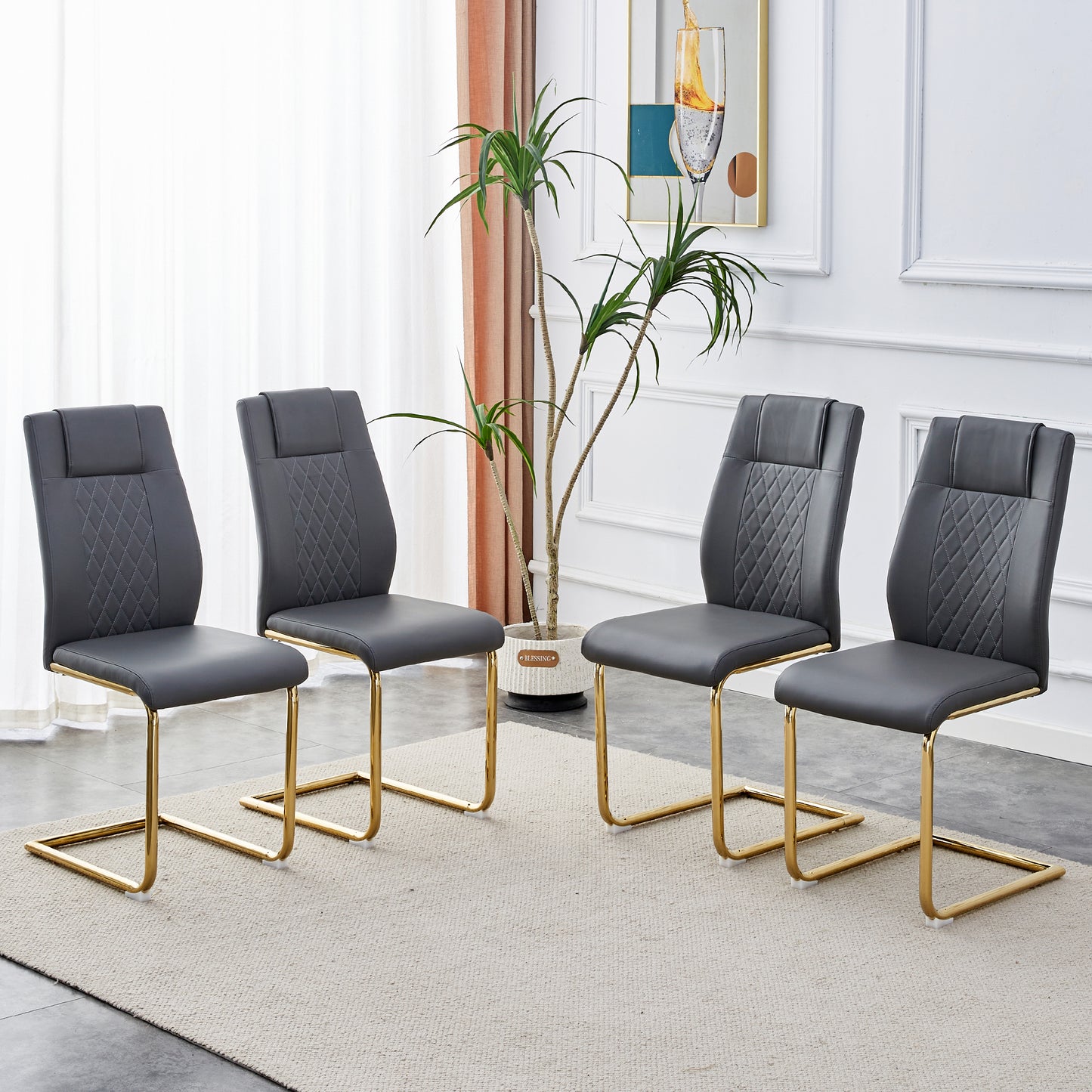 Modern Dining Chairs, Restaurant Chairs, And Gold Legged Upholstered Chairs Made Of Artificial Leather, Suitable For Kitchens, Living Rooms, Bedrooms, And Offices. Set Of 4 Pieces   Gray  PU   C-001