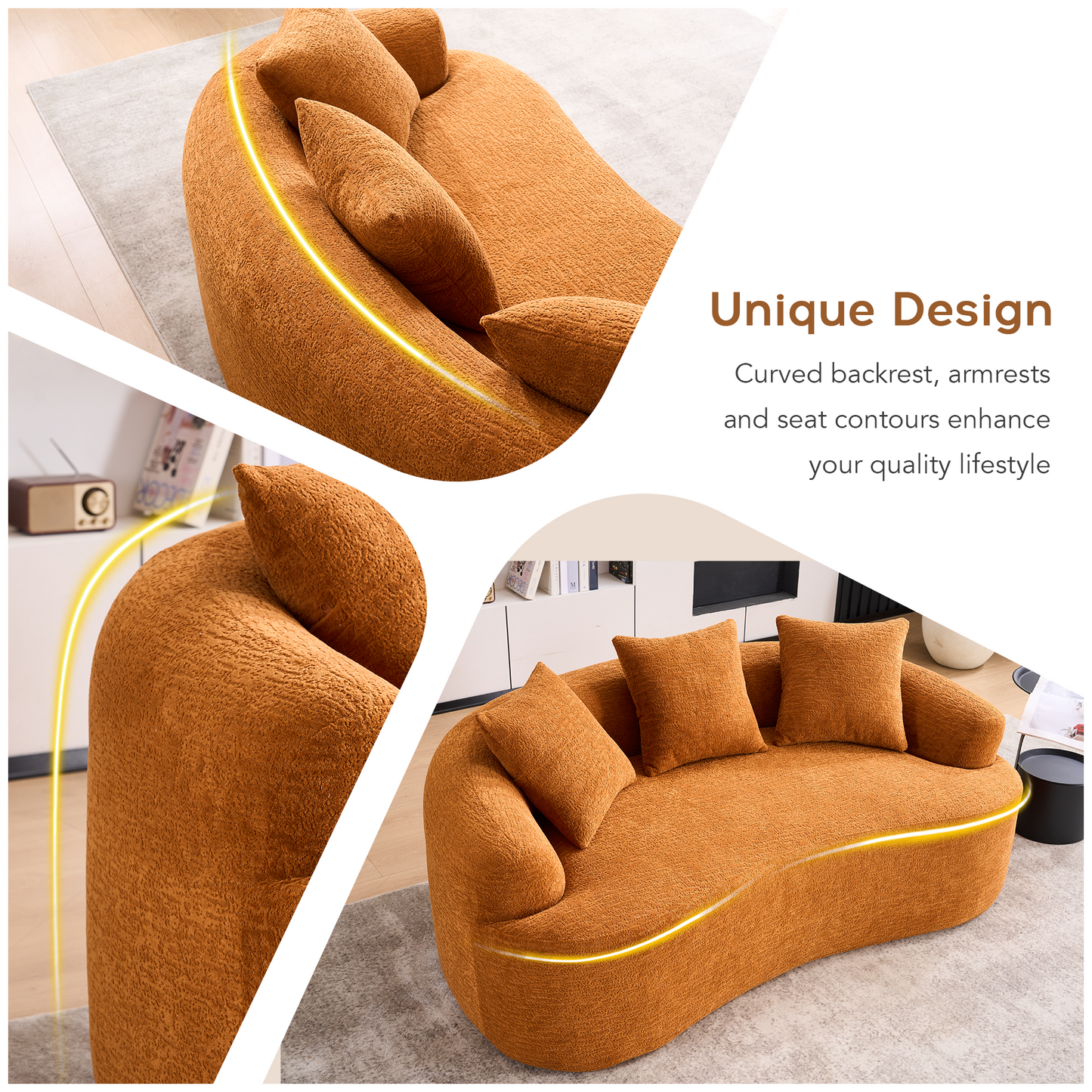 LY-025S Curved Loveseat Orange Full Compression Sponge Sofa  30D Chenille No-Assembly Compact Sofa For Small Spaces & Apartments  65L  300 Lbs  3 Pillows