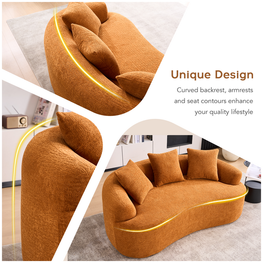 LY-025S Curved Loveseat Orange Full Compression Sponge Sofa  30D Chenille No-Assembly Compact Sofa For Small Spaces & Apartments  65L  300 Lbs  3 Pillows