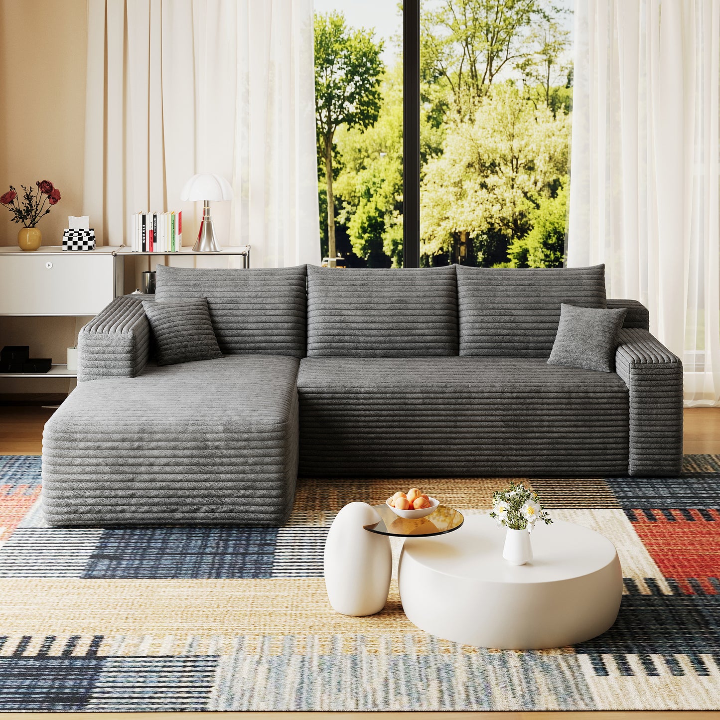 95  Cloud Sectional Sofa,Modern Minimalist Upholstered Couches, Comfort U Shaped Sofa For Living Room,Deep Seat Corner Couch,No Assembly Required,Dark Grey   Plush Corduroy Fabric