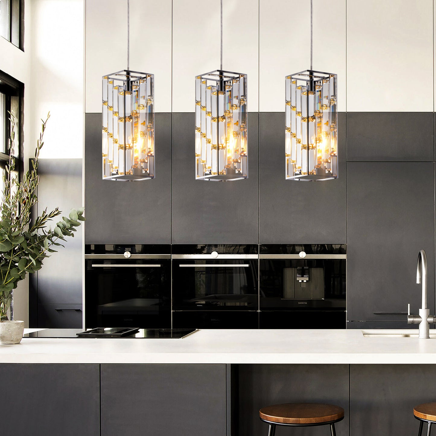 4inch Modern Crystal Pendant Light 3 Pack, Adjustable Hanging Ceiling Lamp With Crystal Prism Design For Dining Room, Kitchen Island, And Living Room -Chrome Finish