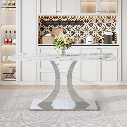 Transformable Heavy-Duty Stainless Steel Base In Silver 63in X 35in Dining Table  Luxury Pandora White Pattern Tempered Glass Rock Top For Kitchen Dining Room