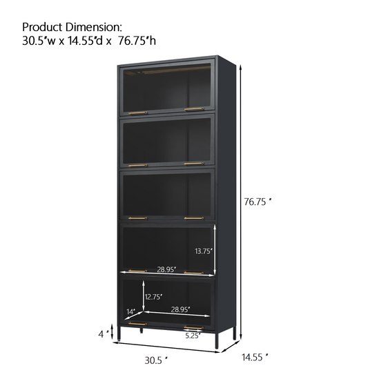 76.75  Tall Iron Display Cabinet With Glass Doors, 5-Tier Steel Barister Bookcase With LED Lights For Collectibles, Modern Style Curio Cabinet For Home Living Room Office Study & Playroom - Black