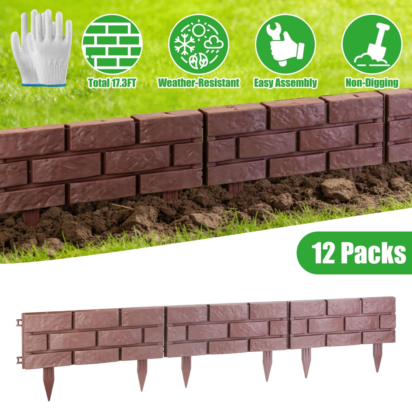 Garden Landscape Edging,12PCS Stone Border Fence, Flexible Adjustable Edging With Snap-In Design, Weather Resistant PP Material For Lawn Flower Bed Pathway