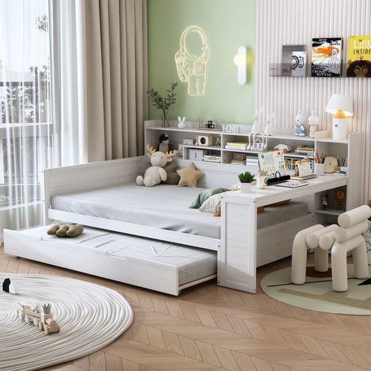 Wooden Full Size Daybed With Storage Shelves, Multi-functional Bed With Twin Size Trundle Bed And  Study Desk, Antique White
