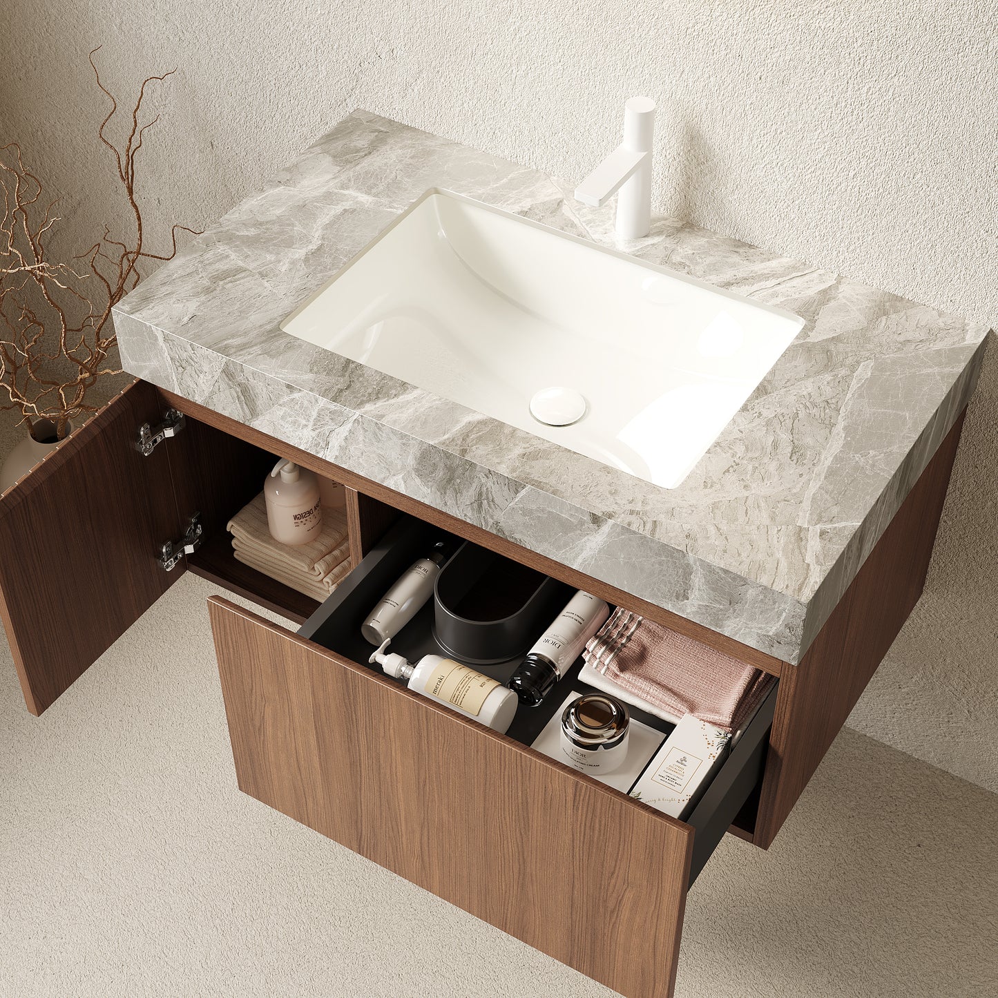 MURI 36  Bathroom Vanity&Sink, Floating Plywood Storage Cabinet With Drawer&Door, Light Gray Sintered Stone Top&Ceramic Basin With 1 Pre-drilled Faucet Hole, Pre-assembled, Brown Oak Woodgrain Color