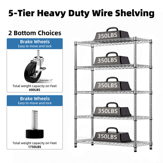 5-Shelf Storage Shelves,Wire Shelving Heavy Duty Metal Storage Shelving Unit Adjustable Garage Shelving Rack Pantry Kitchen  Chrome, 5 Tier,17.7  D X 47.2  W X 75.6  H