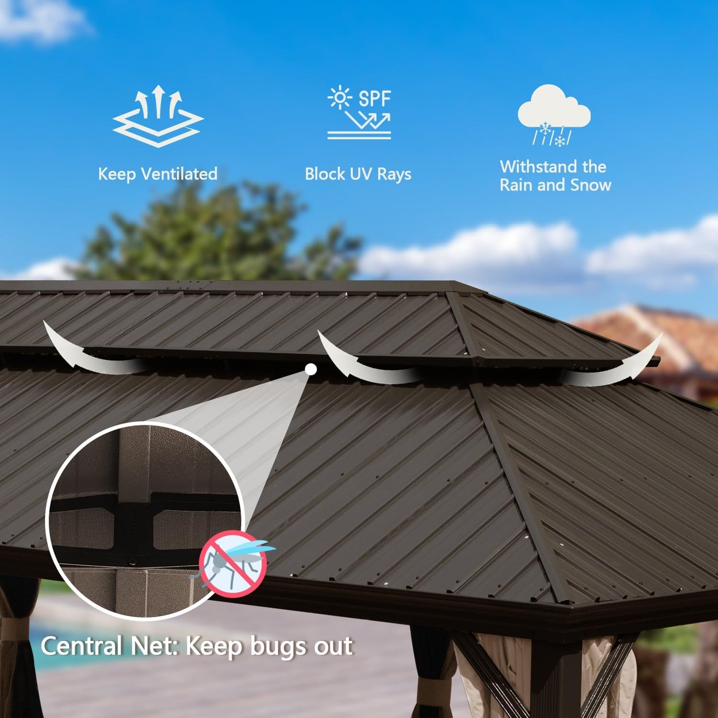14x24FT Hardtop Gazebo, Outdoor Gazebo With Galvanized Steel Double Roof, Aluminum Frame, Built-in Gutter System, Curtain And Netting, Metal Gazebo Pavilion For Patio Deck Garden, Brown