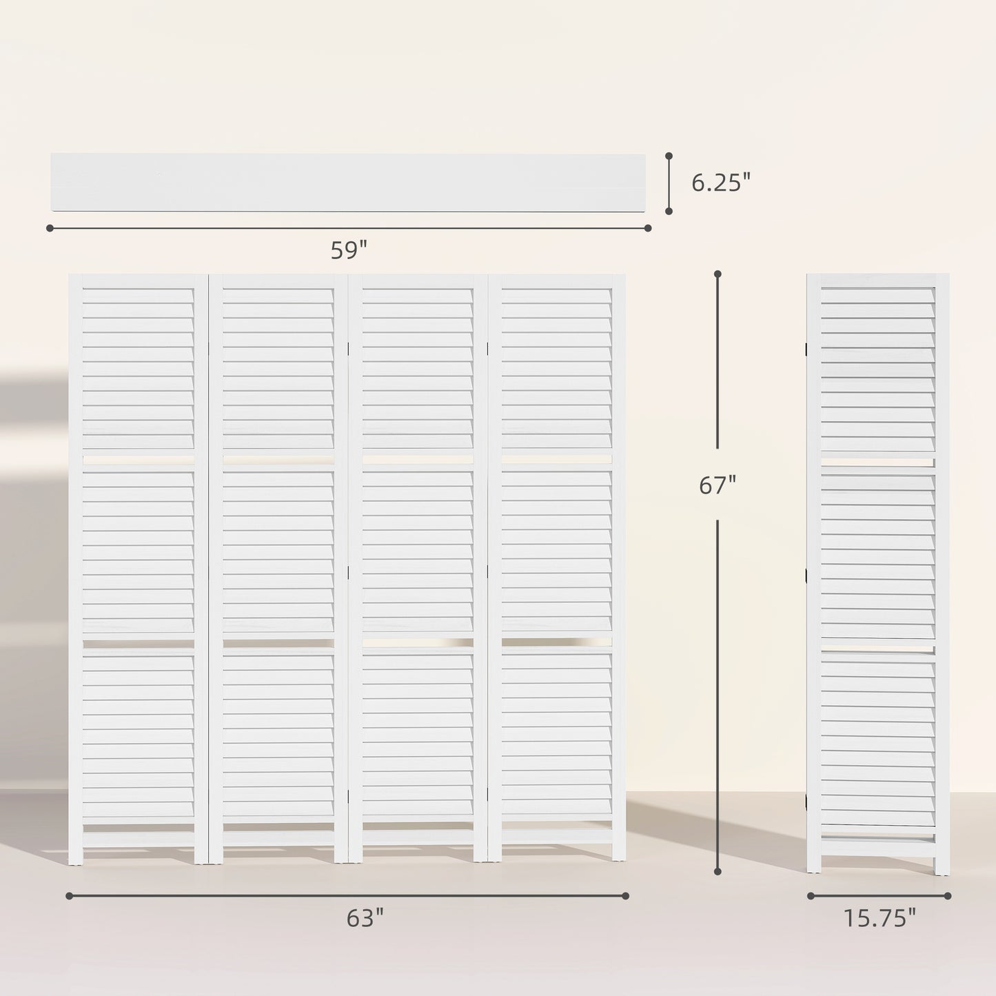 4 Panel 67" Tall Wood Privacy Screen Room Divider With 3 Shelves And Folding Storage For Bedroom, White