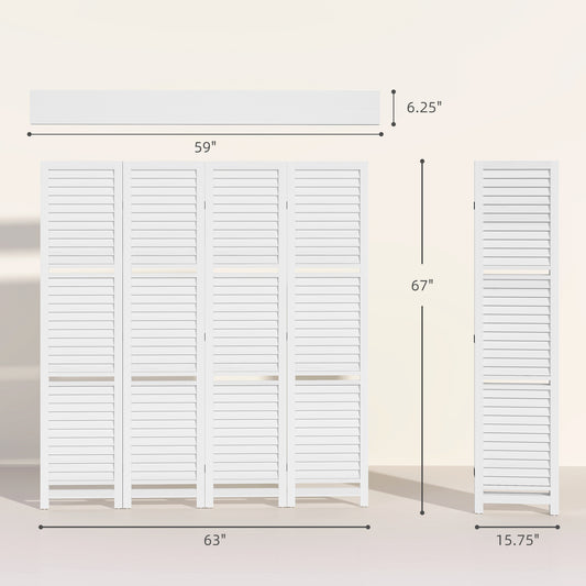 4 Panel 67" Tall Wood Privacy Screen Room Divider With 3 Shelves And Folding Storage For Bedroom, White