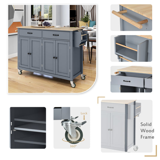 Kitchen Island Cart With Solid Wood Top And Locking Wheels,54.3 Inch Width,4 Door Cabinet And Two Drawers,Spice Rack, Towel Rack  Grey Blue