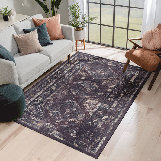 MAVAL Black Washable Rug 6' X 9' Runner Rug  Black Burgundy, 6' X 9'
