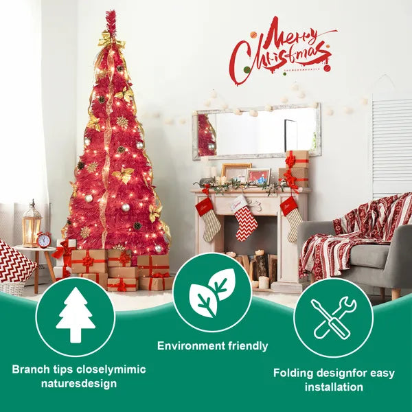 Artificial 6ft Red Pop-Up Christmas Tree With 150 Lights,4 Ribbons,1 Large Bow,12 Christmas Flowers,12 Snowflakes,12 Pine Cones,12 60MM Balls Indoor Holiday Decorating