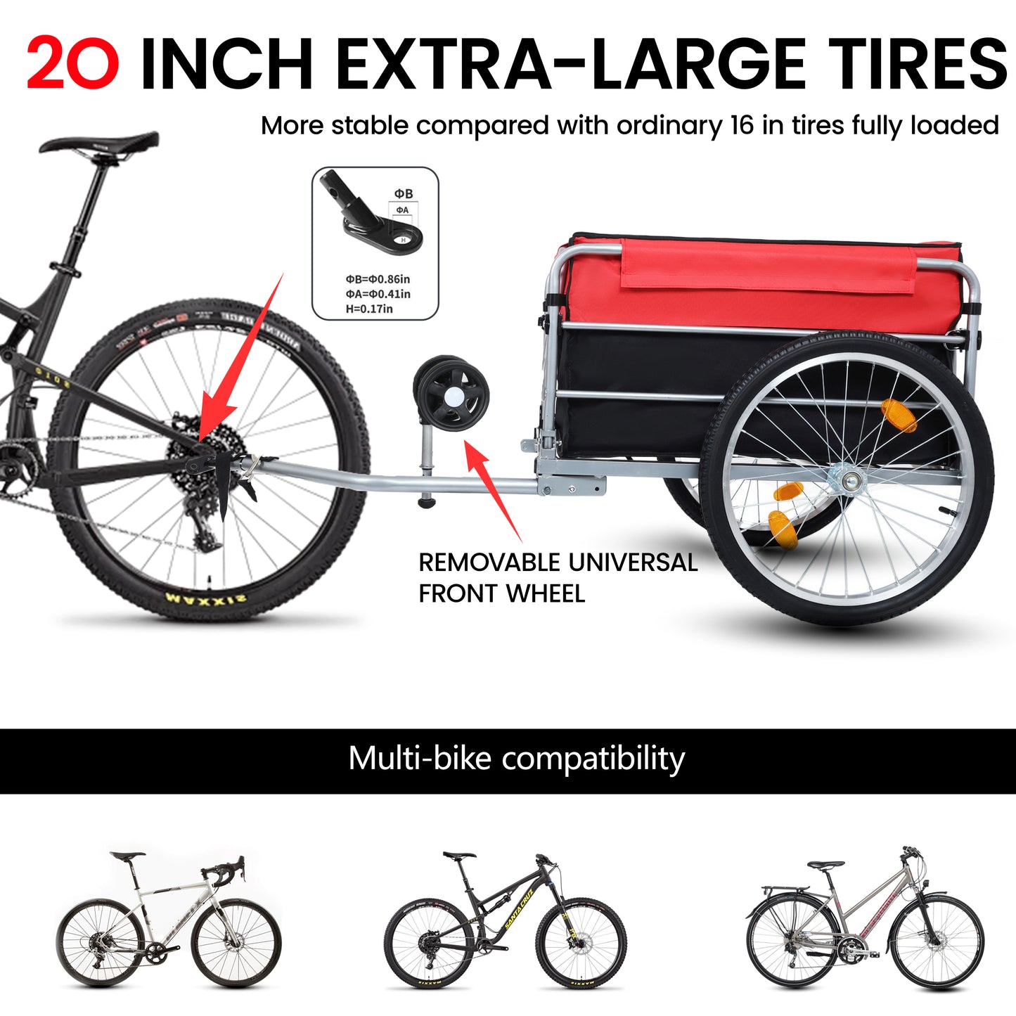 Bike Cargo Trailer, Aluminum Luggage Cart,Heavy Duty 220 Lbs Bicycle Wagon Cart, 20  Whee,l Folding Groceries Hauler With Safe Hitch System, Removable Cover, Oxford Fabric For Cycling Travel
