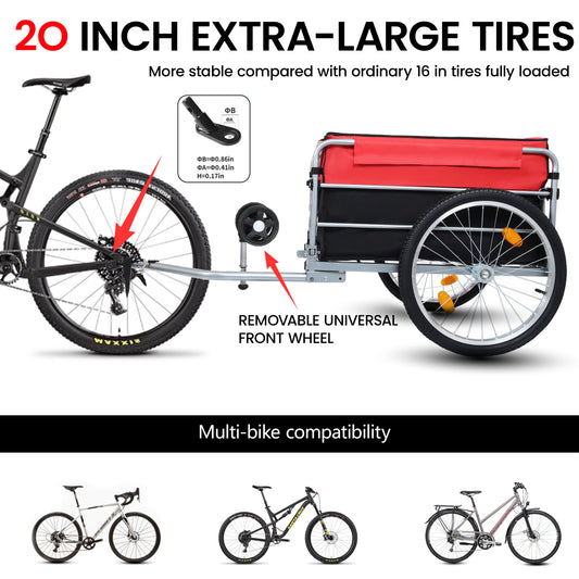 Bike Cargo Trailer, Aluminum Luggage Cart,Heavy Duty 220 Lbs Bicycle Wagon Cart, 20  Whee,l Folding Groceries Hauler With Safe Hitch System, Removable Cover, Oxford Fabric For Cycling Travel