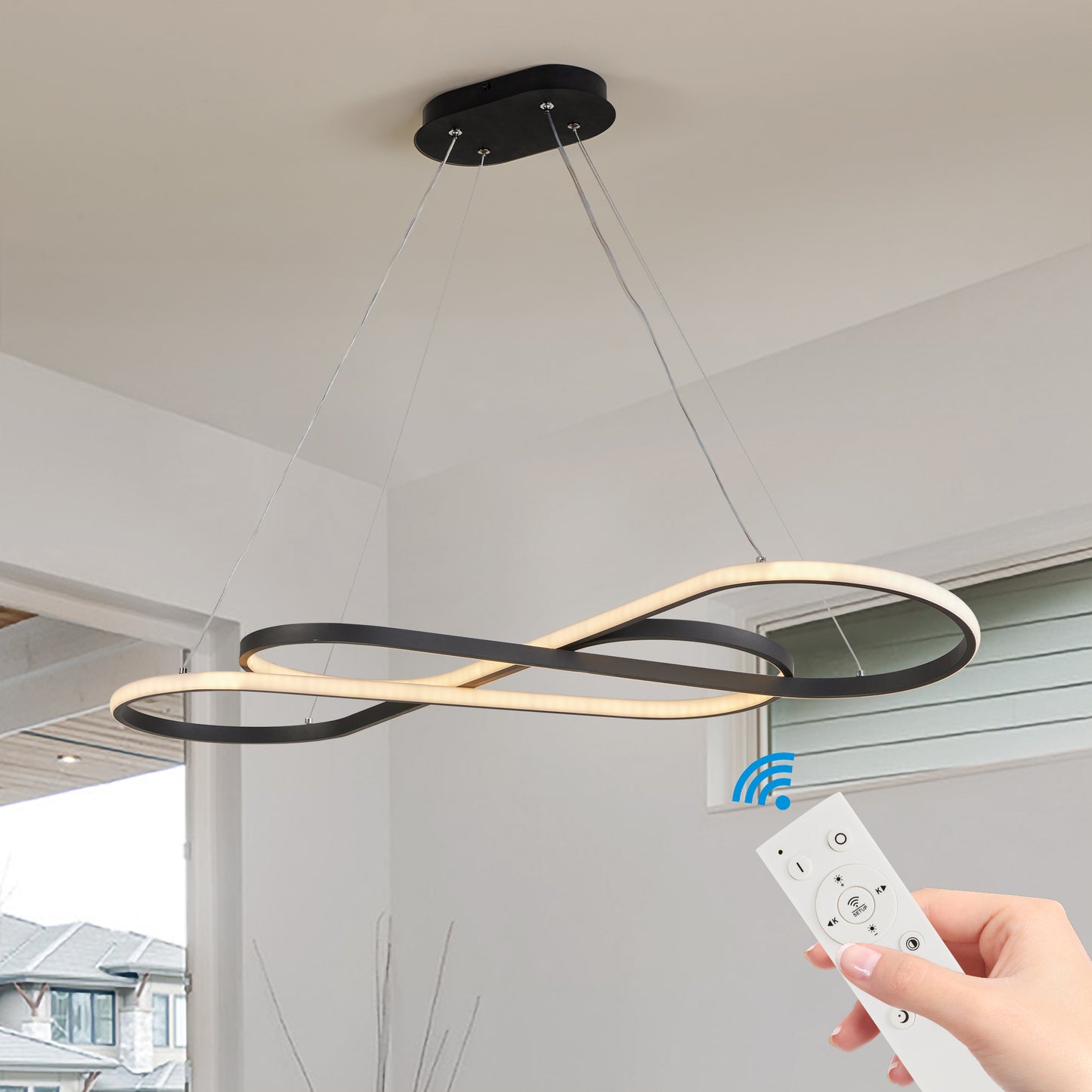 39 Modern LED Pendant Light, Infinity Design Hanging Ceiling Fixture, Adjustable Height, Dimmable For Living Room, Dining Room, Bedroom, Black Finish