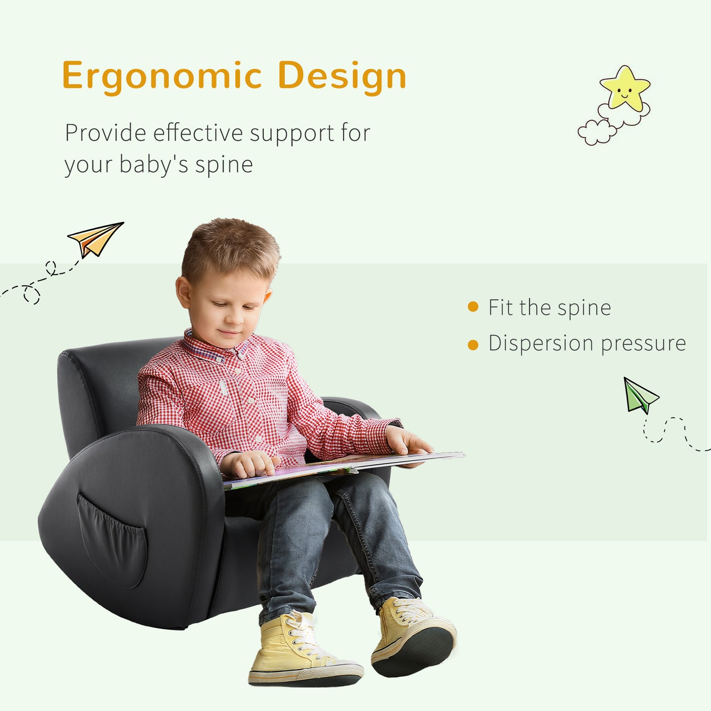 Kids Sofa Rocking Chair With Side Pocket, PU Leather Toddler Armchair For Children Grey