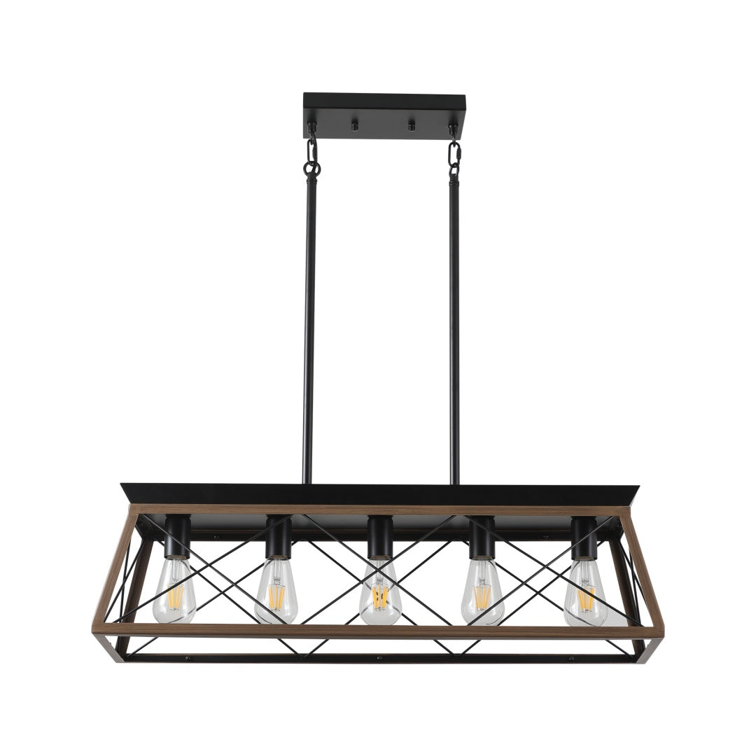 32in  Walnut Industrial 5-Light Pendant Chandelier, Modern Metal Cage Design, Adjustable Hanging Light For Dining Room, Kitchen, Living Room -No Bulbs