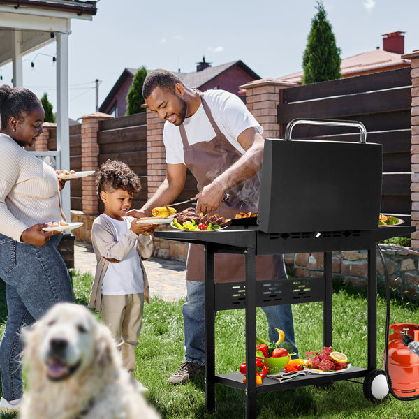 3-Burner Flat Top Gas Griddle Cooking Station With Ceramic Coated Cast Iron Pan, 30,000 BTU Propane Fuelled Griddle Station With Side Shelves & Spice Rack For Outdoor Barbecue  Cookout