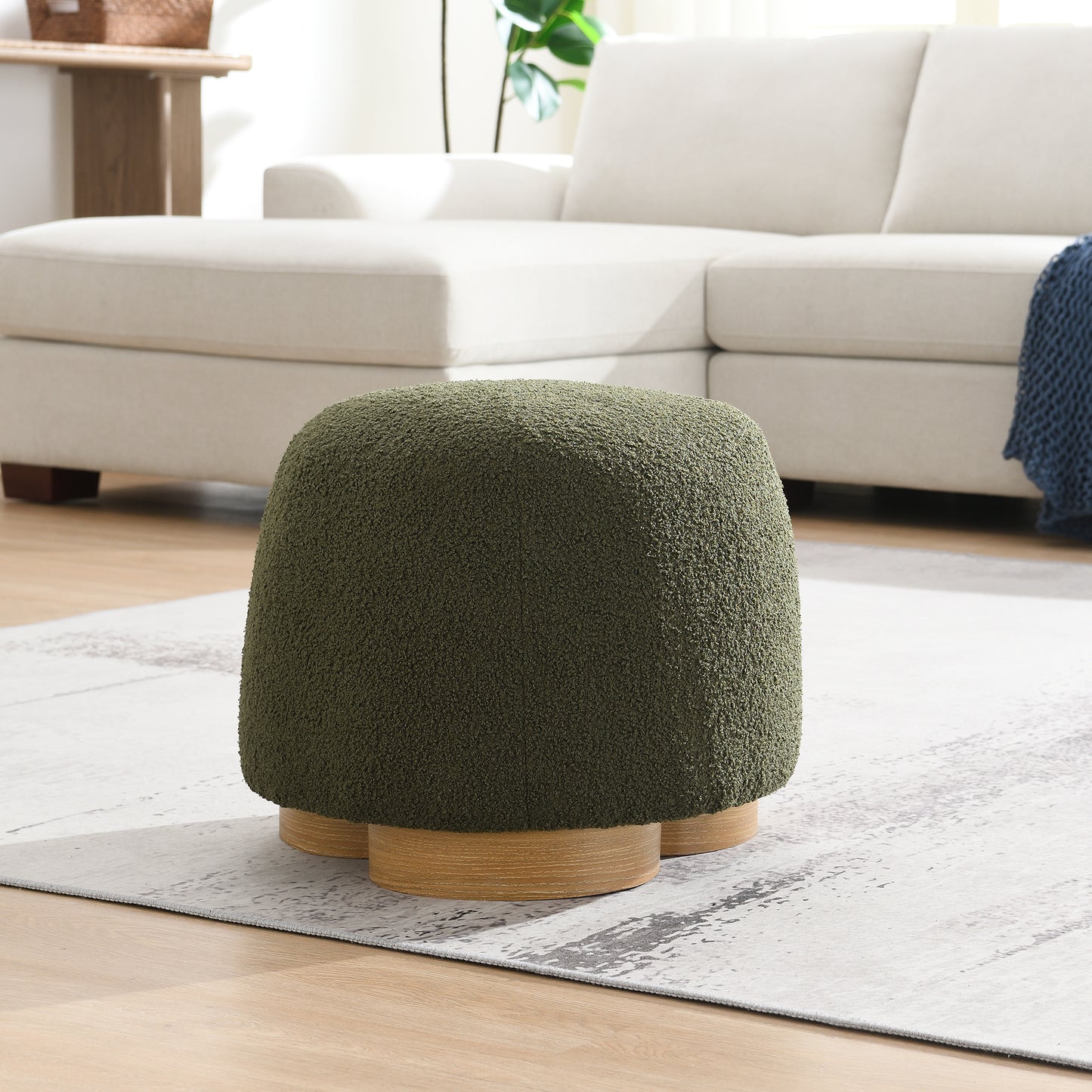 Fully Assembled Round Soft Teddy Fabric Upholstered Ottoman, Footstool With Soft Padded Seat, Fully Assembled Modern Sofa Couch Footrest, Extra Seating For Bedroom Entryway, Olive Green