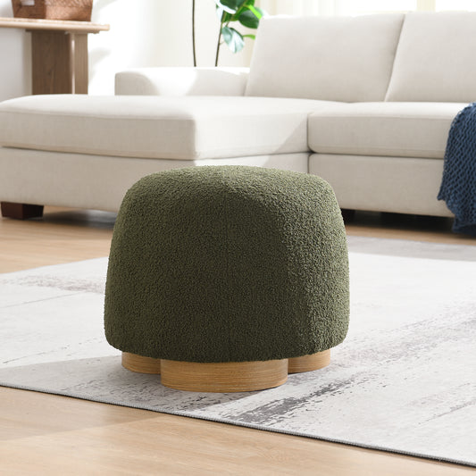 Fully Assembled Round Soft Teddy Fabric Upholstered Ottoman, Footstool With Soft Padded Seat, Fully Assembled Modern Sofa Couch Footrest, Extra Seating For Bedroom Entryway, Olive Green