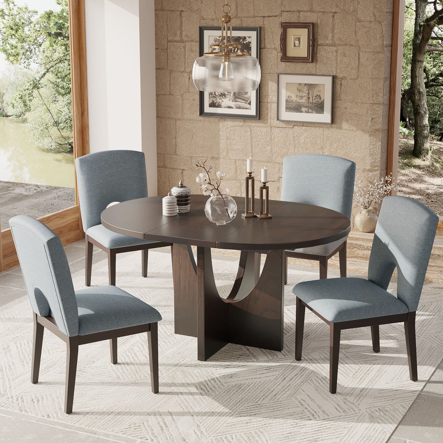 TOPMAX Modern 5-Piece Extendable Round Dining Table Set With 16.2inch Removable Leaf For Small Places, Espresso Old