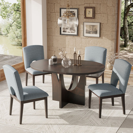 TOPMAX Modern 5-Piece Extendable Round Dining Table Set With 16.2inch Removable Leaf For Small Places, Espresso Old