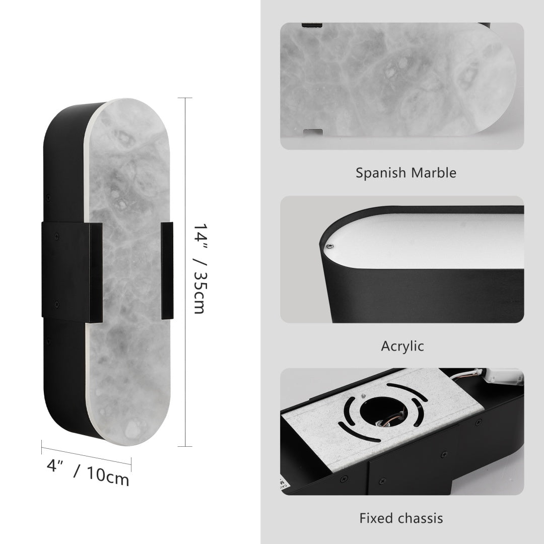 13.8in Natural Marble Wall Sconce, Black Sconces Set Of Two, Indoor Modern Bathroom Sconces Wall Lighting For Living Room, Bedroom, Hallway, Stairs