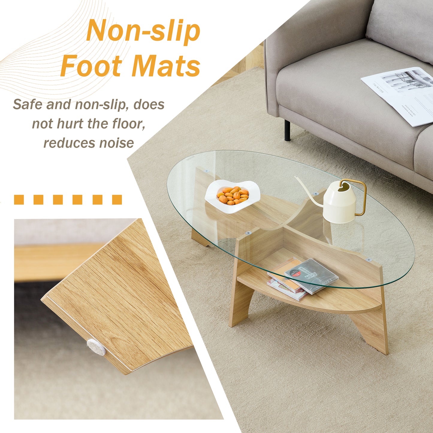 Oval Tempered Glass Coffee Table - 41.3inx23.6in Multi-Functional Design.Oval Tabletop.Natural Wood Color Diagonal Fan-shaped Tray Design Table Leg.Suitable For Dining Rooms, Living Rooms, Offices.