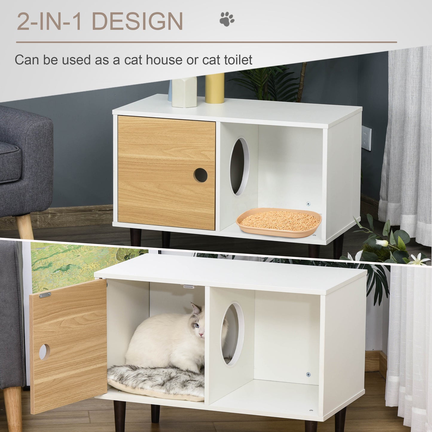 Wooden Cat House With Soft Cushion, Decorative Kitten Condo Side Table, Elevated Pet House With Storage Space