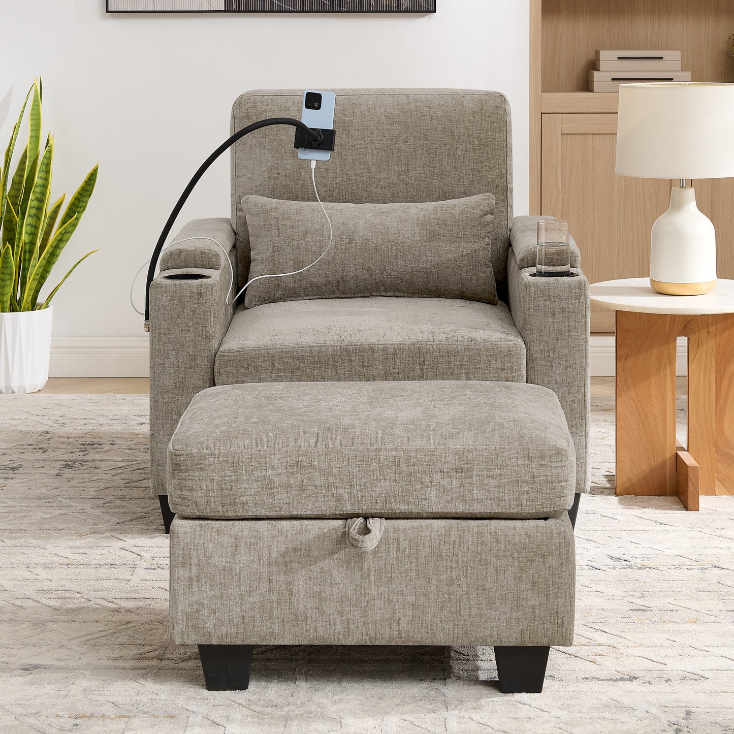 Single Sofa Recliner With Manually Adjustable Backrest, USB Charging Port On The Armrest Side, Phone Stand Included, Hidden Armrest Storage, And A Matching Storage Ottoman-Brown