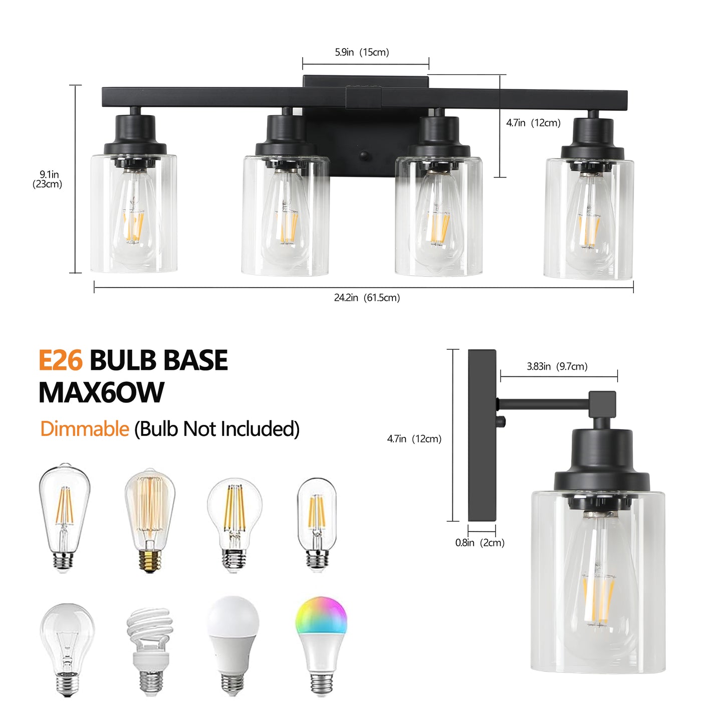 24 Modern Black 4-Light Bathroom Vanity Light Fixture, Industrial Wall Sconce With Clear Glass Shades For Mirror, Bathroom, Bedroom, And Hallway No Bulbs
