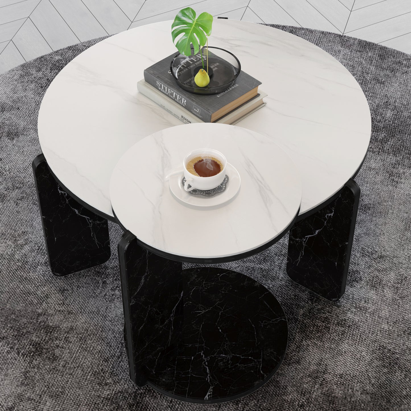 Set Of 2 Round Nesting Coffee Table For Small Place,living Room End Table With White Sintered Stone Top, 32.68 16.93 Diameter Side Table Night Stand For Bed Room Dining Room,83 43cm Sofa Table