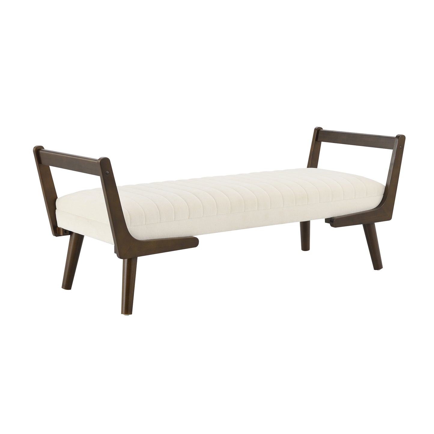 52  Mid Century Bench With Walnut Wood Leg,Channeled Upholstered Footrest Stool For Kitchen, Living Room, Bedroom, Entryway, End Of Bed. Chenille Fabric Beige