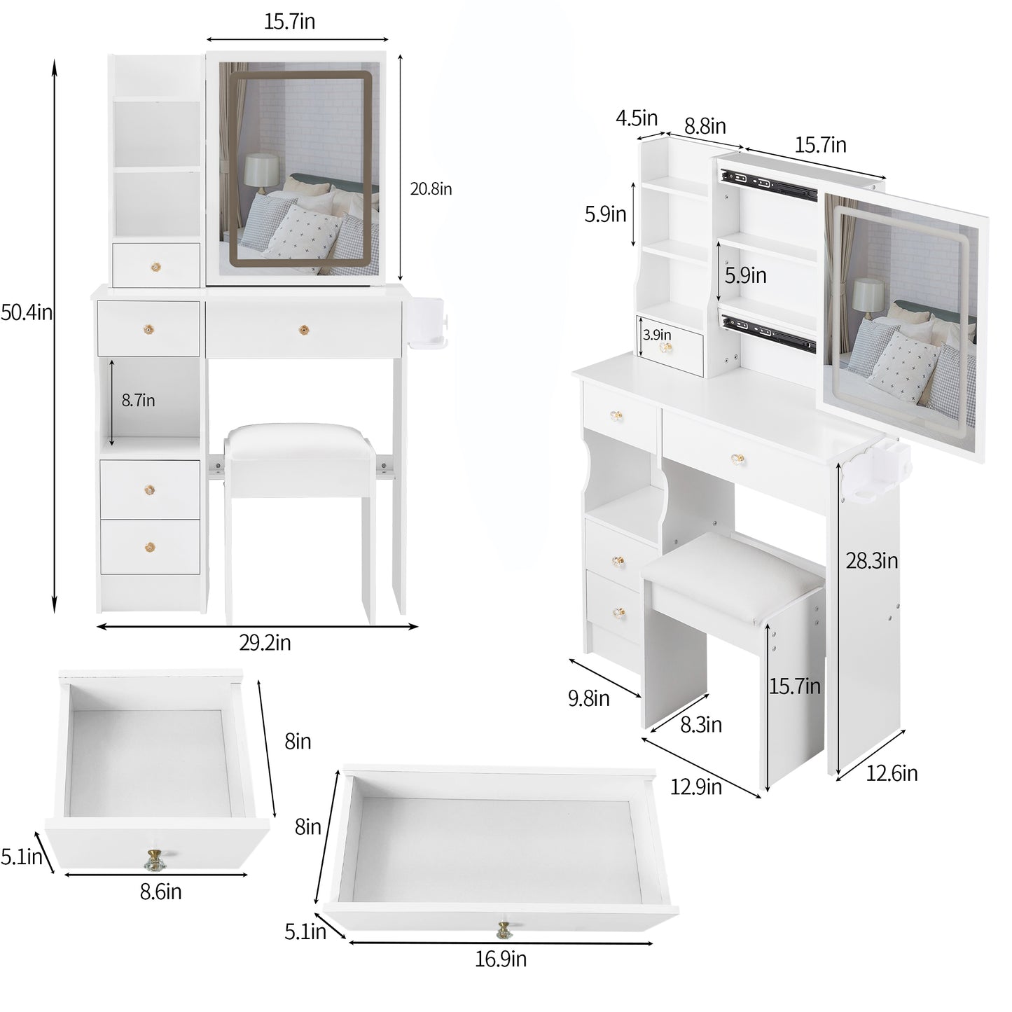 29.2 Small Size Drawer Desktop Vanity Table  Cushioned Stool, 2 AC-2 USB Power Station, Hair Dryer Bracket, Extra Large Touch Control Sliding LED Mirror, 3-color Switching, EPA, GCC, UL Certificate