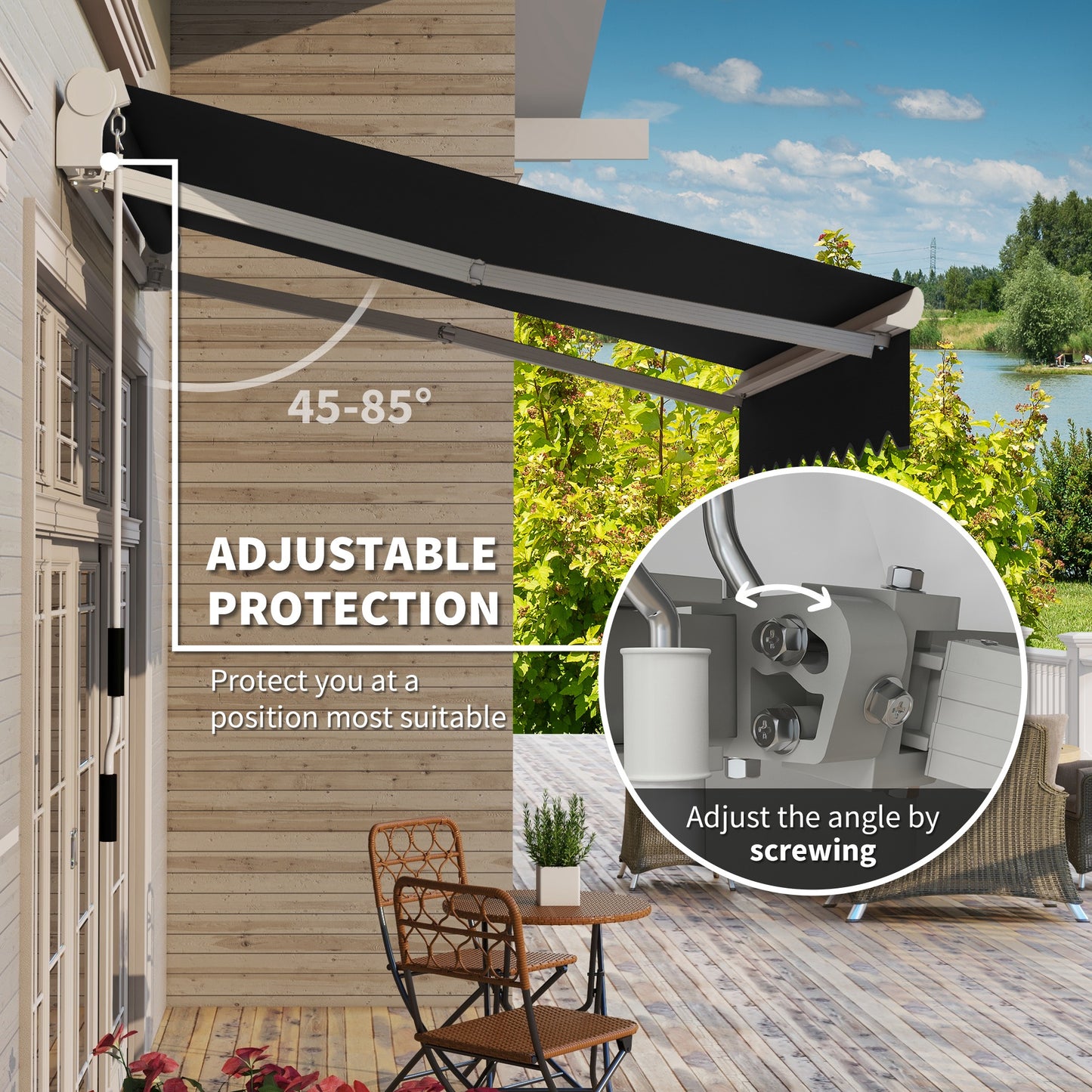 8' X 6.6' Patio Retractable Awning, Manual Exterior Sun Shade Deck Window Cover, Black