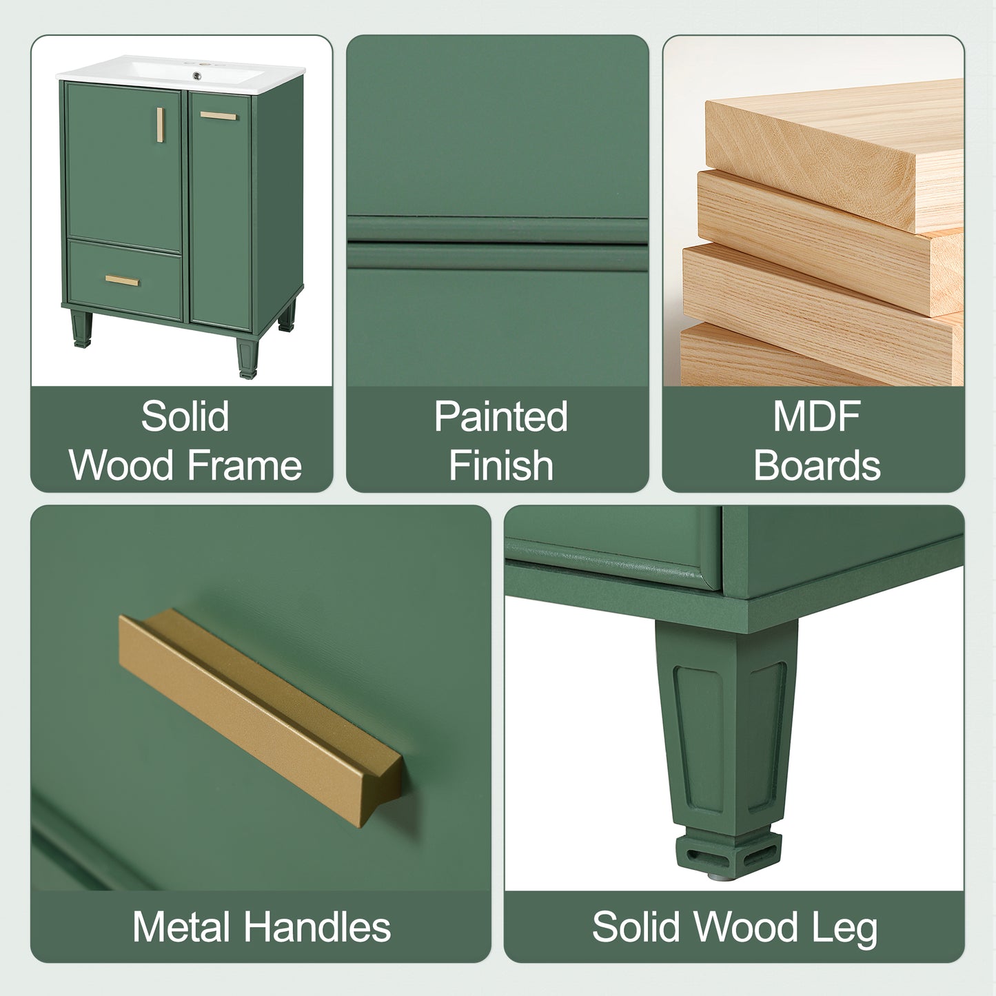 24  Bathroom Vanity With Sink, Bathroom Cabinet With Door Shelf, Deep Drawer, 2-Tier Pull-Out Basket, Solid Wood Frame And MDF Board, One Package, Green