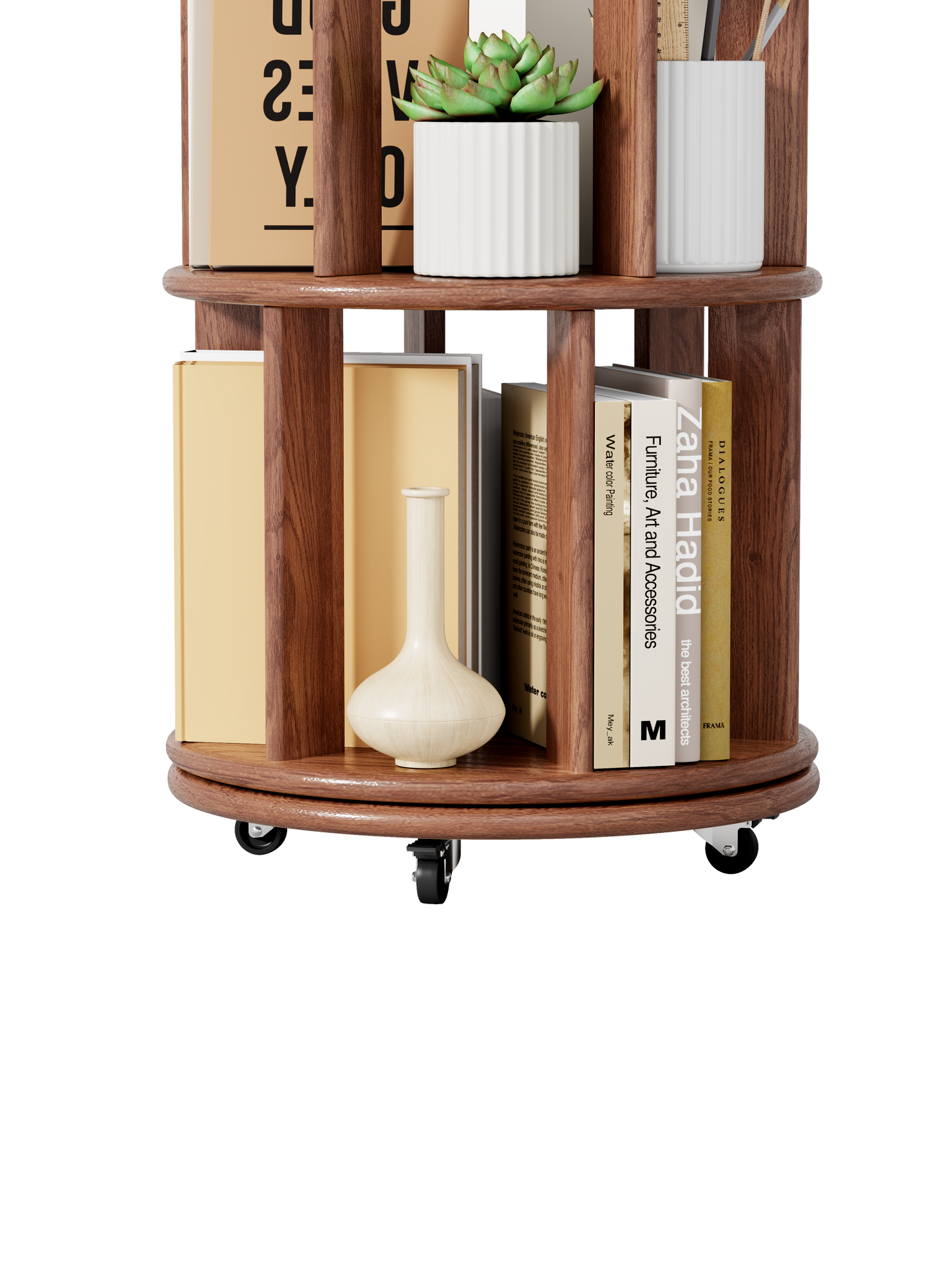 1 0 0 Solid Wood Rotating Bookshelf On Wheels,5 Tier, Round Revolving Bookcase, 360 Spinning Book Shelf Tower For Kids, Narrow Rolling Bookshelves For Small Space, Corner, Bedroom, Office, Walnut