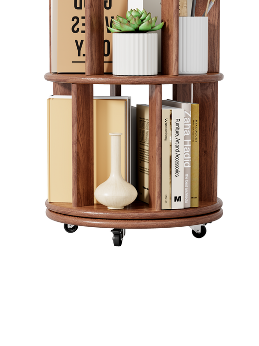 1 0 0 Solid Wood Rotating Bookshelf On Wheels,5 Tier, Round Revolving Bookcase, 360 Spinning Book Shelf Tower For Kids, Narrow Rolling Bookshelves For Small Space, Corner, Bedroom, Office, Walnut