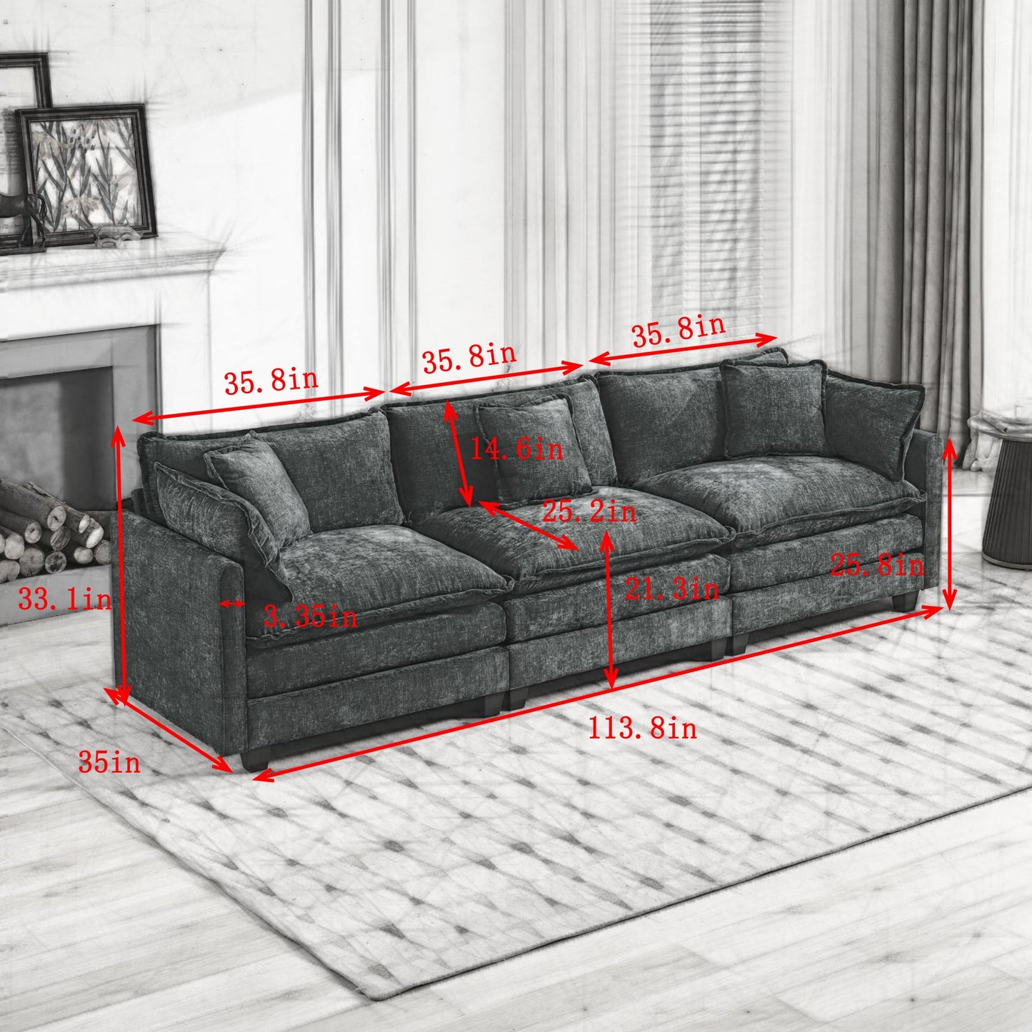 Cloud Sofa 3 Seats  Ottoman Is Not Included , Modern Sectional Couch, For Living Room Bedroom And Apartment, Comfy Double Layer Upholstered Seat Cushion, Breathable Chenille Fabric,Orange,SS5013OG