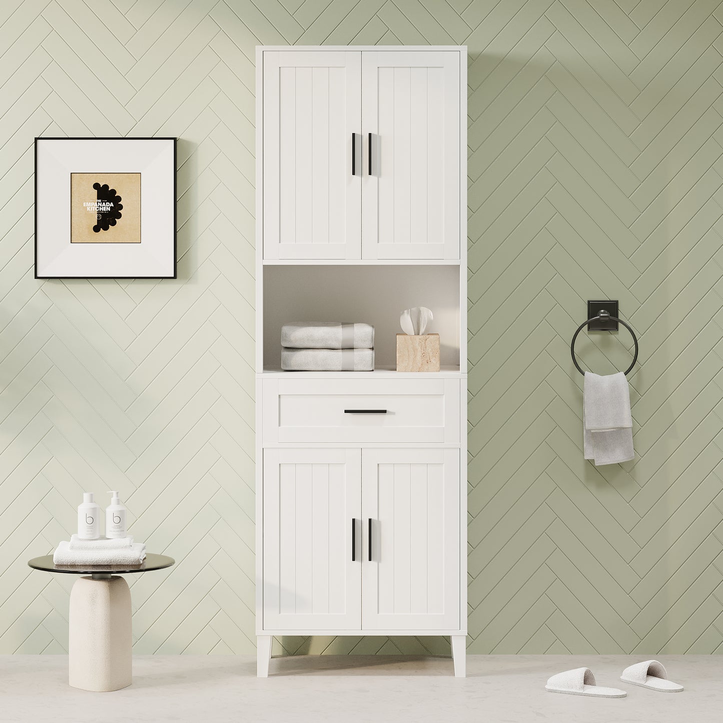 70.9  High Freestanding Tall Bathroom Cabinet With A Drawer, 2 Cabinets, 4 Soft-Close Doors, 2 Adjustable Shelves, Open Storage, For Bathroom, Living Room, Laundry Room