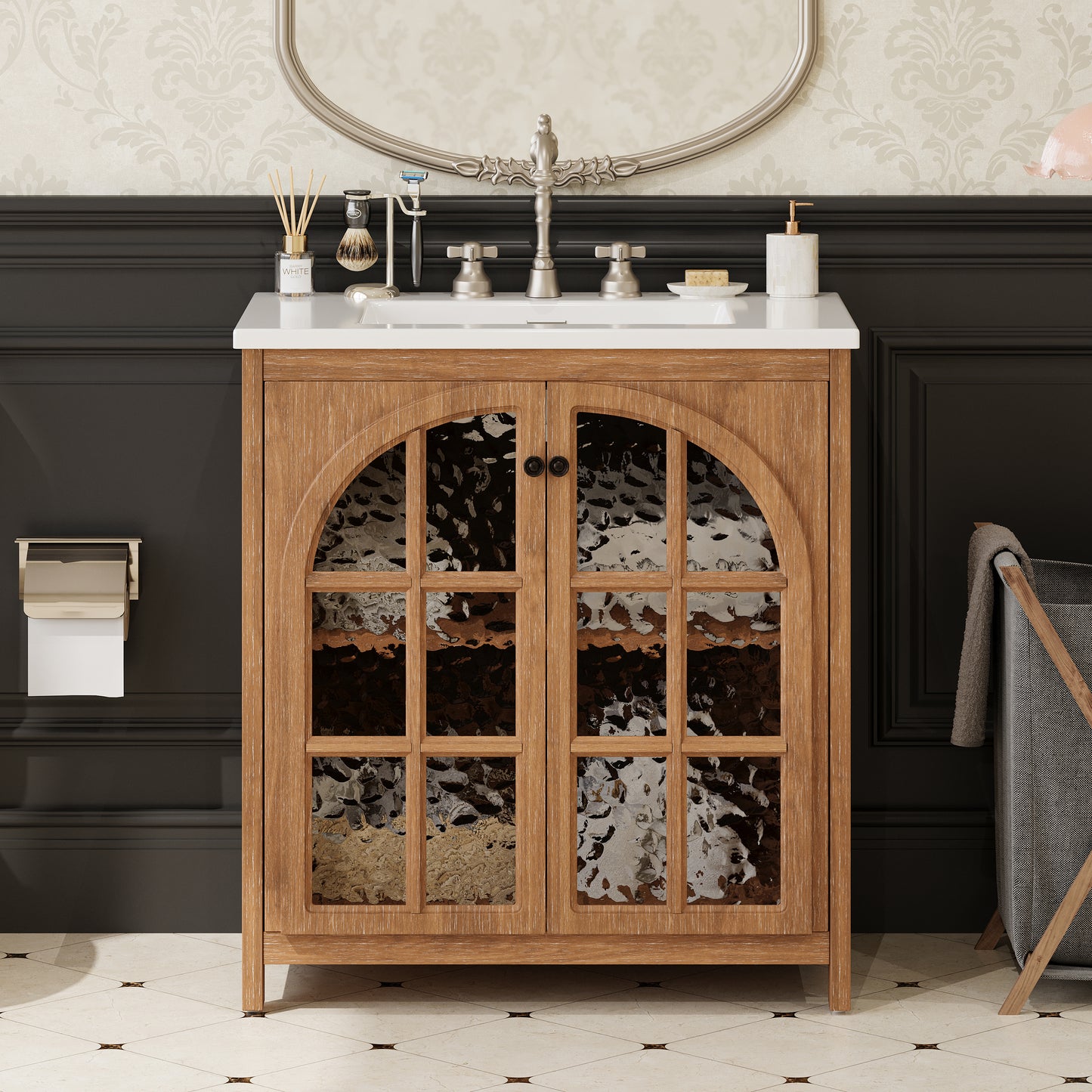 30 Inches Bathroom Vanity With Ceramic Sink, Vintage Rustic Bathroom Cabinet With Bronze Pulls And 2 Soft-Closing Doors, Antique Natural