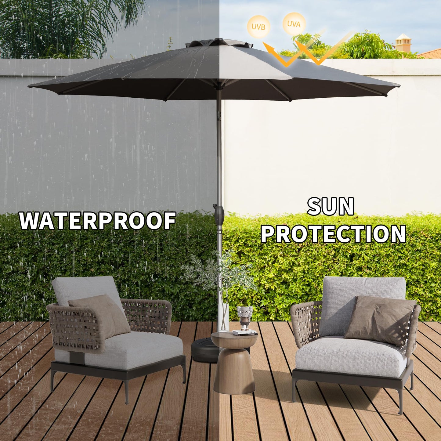 10FT Patio Umbrella, Outdoor Table Umbrella With Push Button Tilt And Crank, UV Protection Waterproof Market Sun Umbrella With 8 Sturdy Ribs For Garden, Deck, Backyard, Pool  Gray  - Base Not Included